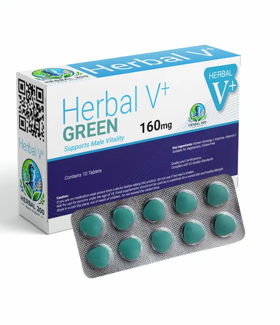 10 Pillen Herbal V+ Green 160mg der Marke Herbal200 für die männliche Vitalität.