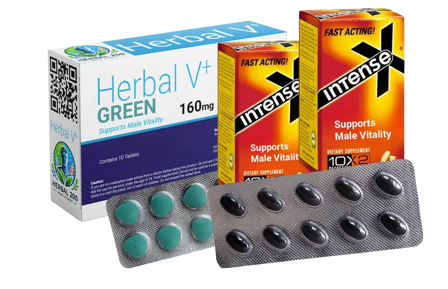 Verpackung von Herbal V+ Green mit Tabletten für Männer Vitalität von Herbal200 mit 70 Tabletten, daneben Blister mit schwarzen Intense Kapseln.