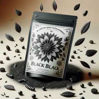 Schwarze Supplement-Verpackung mit Sonnenblumenmotiv.